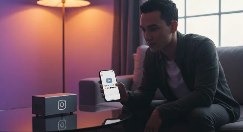 Persona en sofá moderno sostiene teléfono con buffering de Instagram