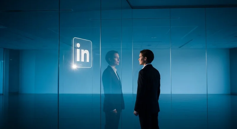 Persona en traje de negocio en oficina moderna con logo de LinkedIn