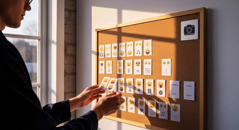 Persona estilosa ante corcho con tarjetas emoji y logo Instagram