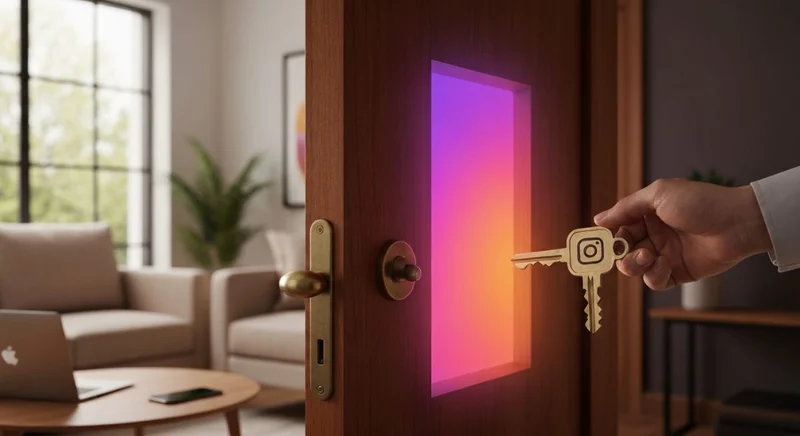 Persona estilosa sostiene llave de latón con logo Instagram puerta