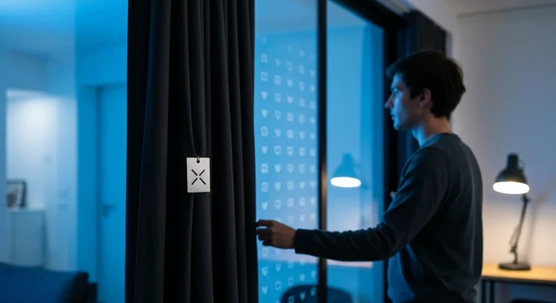 Persona frente a cortina parcial en sala minimalista con logo X