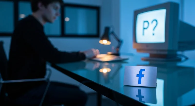 Persona frente a escritorio de vidrio con placa metalica Facebook
