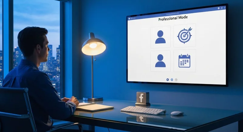 Persona frente a escritorio vidrio monitor Facebook Modo Profesional iconos