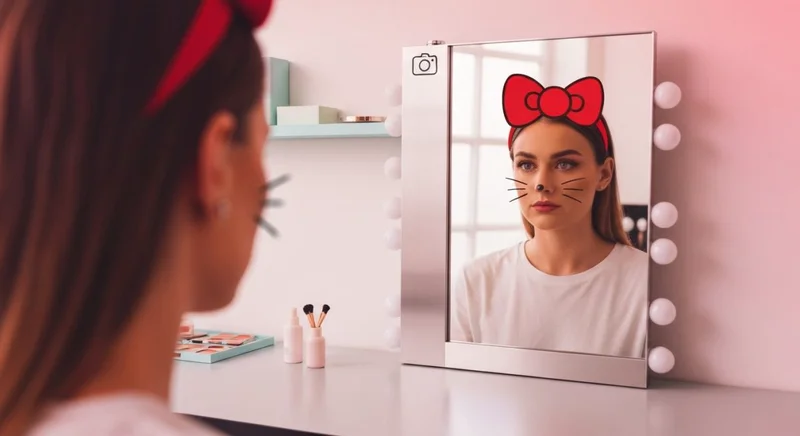 Persona frente a tocador iluminado con transformacion Hello Kitty reflejo