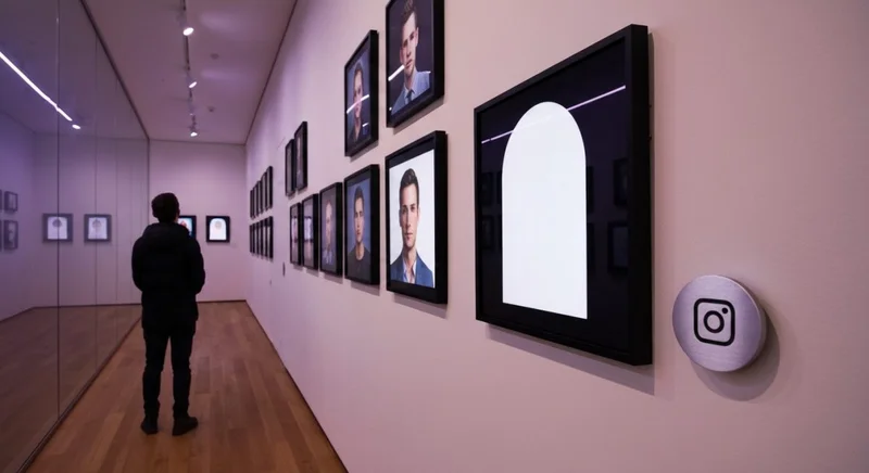 Persona frente a una galería minimalista con retratos digitales Instagram