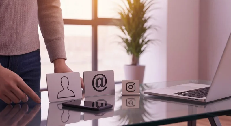 Persona frente al vidrio con dos placas nombre Instagram arroba