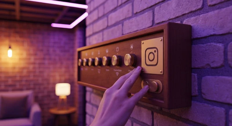 Persona frente consola vintage de madera activa notificaciones Instagram cámara