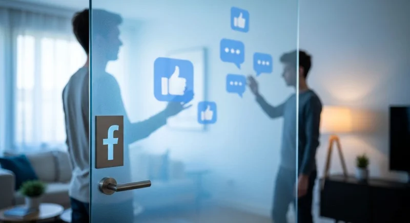 Persona frente partición vidrio esmerilado con logotipo estilizado f Facebook