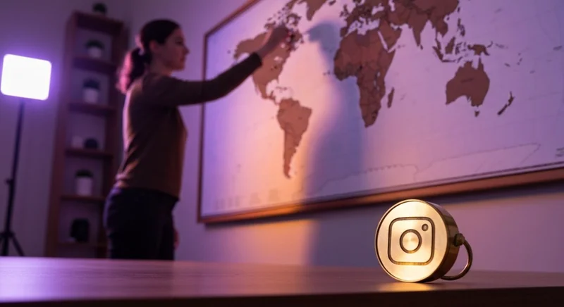 Persona junto a mapa mundial coloca pin y brújula Instagram
