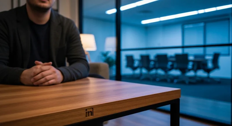 Persona junto a mesa de madera con logo LinkedIn grabado