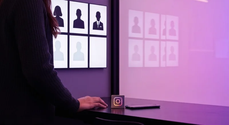 Persona junto a panel de cuatro avatares Instagram en salón