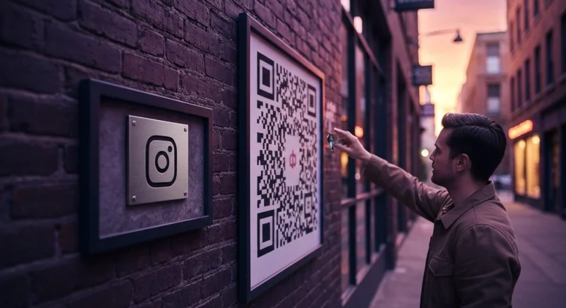 Persona junto a poster con código QR y logo Instagram