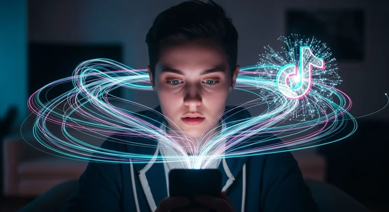 persona mirando su movil desde el cual salen lineas de luz que lo envuelven