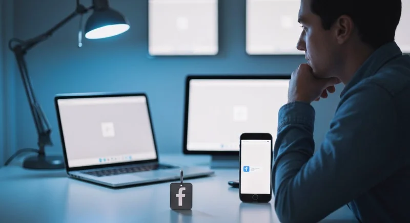 Persona observa laptop tablet smartphone y llavero con logo Facebook