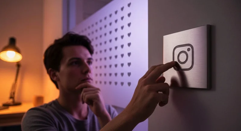 Persona pensativa en sala minimalista apaga interruptor Instagram logo grabado
