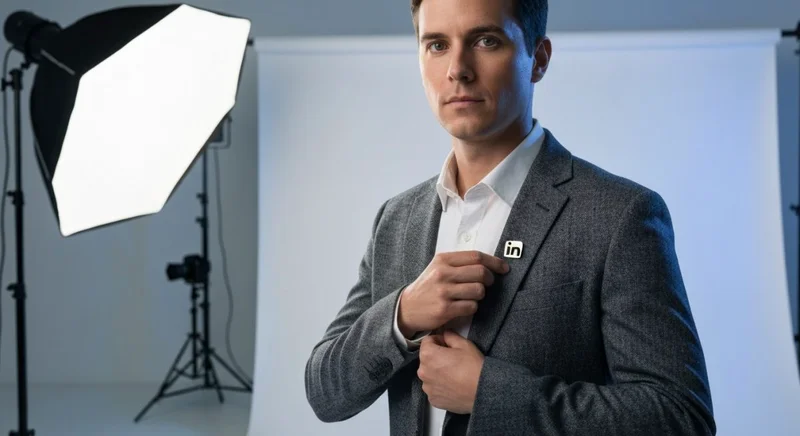 Persona profesional ajustando su solapa pin metalizado con logo LinkedIn