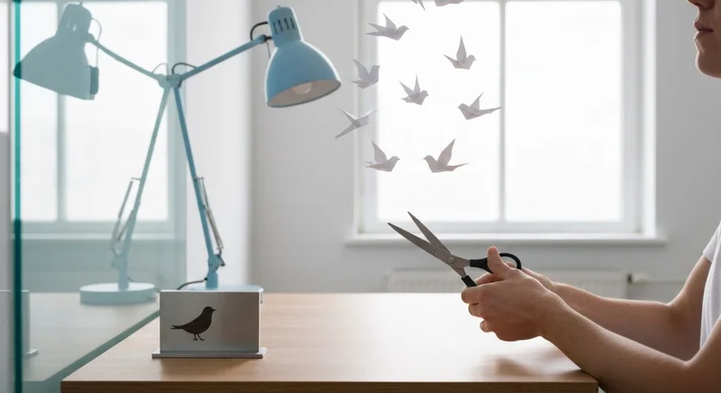 Persona recorta móvil de aves de papel sobre escritorio minimalista