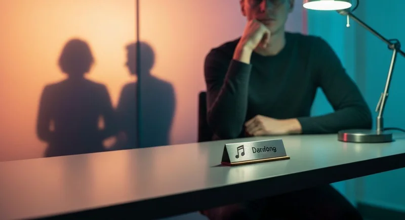 Persona sentada en escritorio moderno contempla siluetas tras vidrio esmerilado placa musical