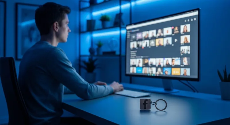 Persona sentada frente a monitor con llavero de Facebook