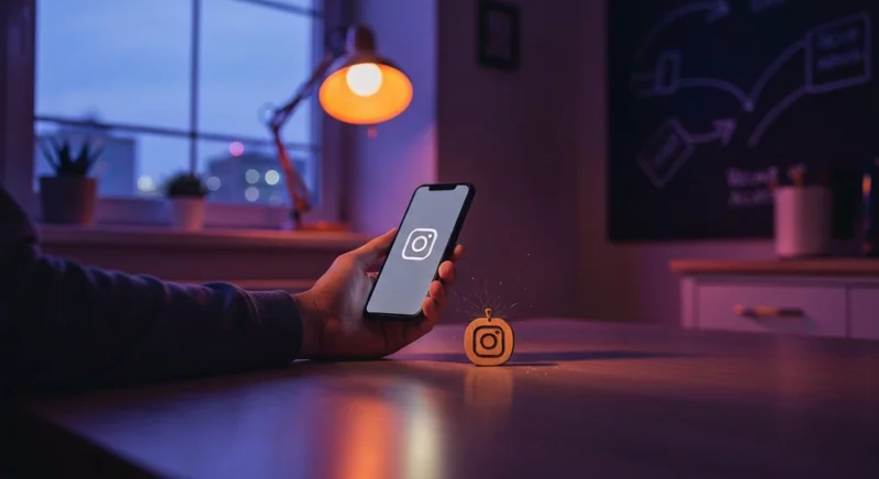 Persona sentada mesa cocina sostiene smartphone apagado colgante glifo Instagram