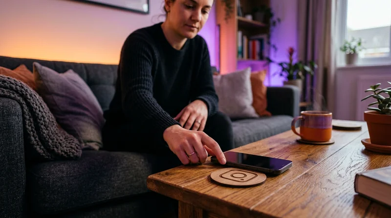 Persona silencia Instagram con teléfono sobre mesa en sofá moderno
