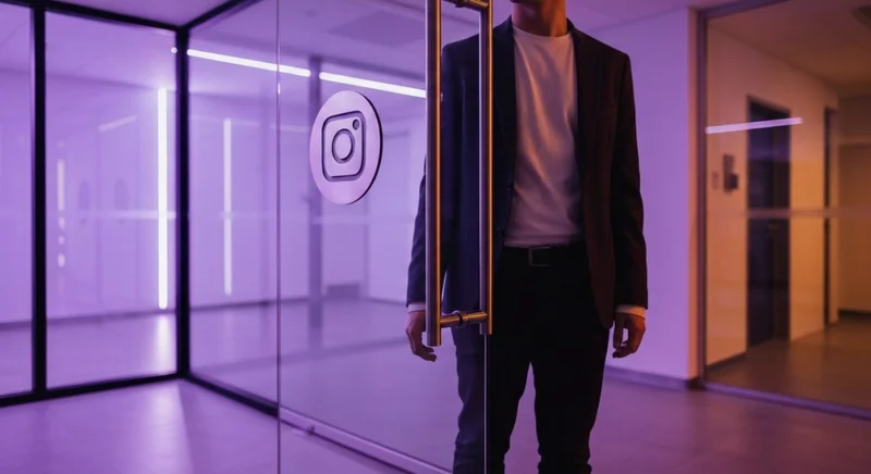 Persona smart casual ante puerta de vidrio con logo Instagram