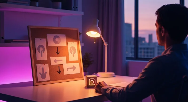 Persona vista atrás coloca bloque madera Instagram glifo sobre corcho