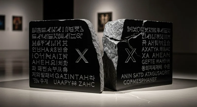 Piedra de Rosetta moderna en obsidiana negra con inscripciones antiguas y logos de X