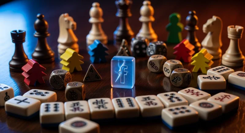 Piezas de juegos incluyendo tile de mahjong con logo de Facebook
