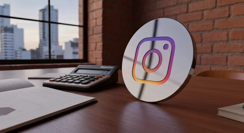Placa circular de metal pulido con glifo Instagram sobre escritorio
