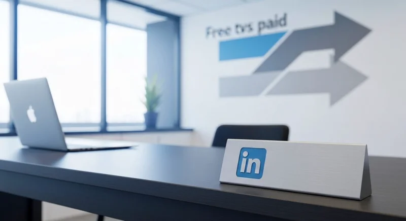 Placa con logotipo de LinkedIn en borde de mesa corporativa