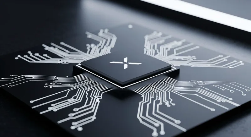 Placa de circuito negro mate con logo X en el chip
