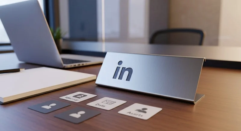 Placa de metal pulido con logo LinkedIn en escritorio ordenado