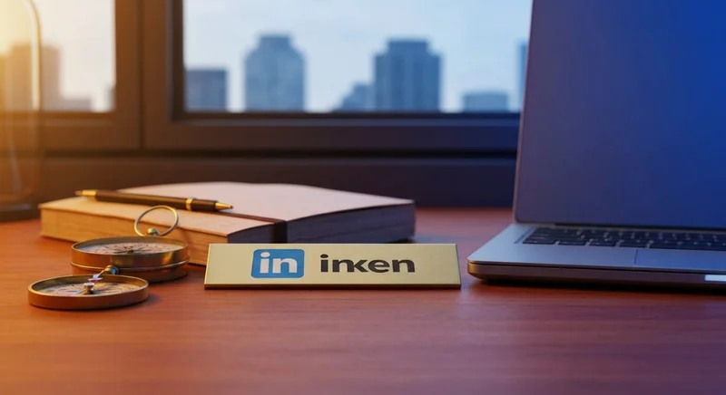 Placa latón con logo LinkedIn en primer plano cuaderno antiguo