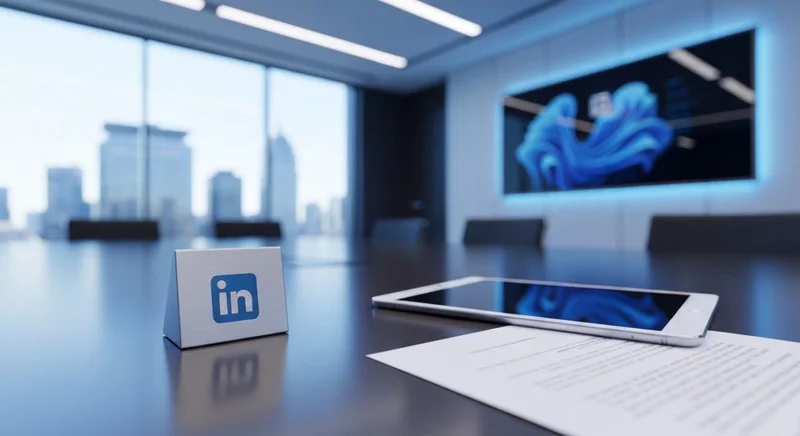 Placa metal grabada logo de LinkedIn sobre mesa de junta