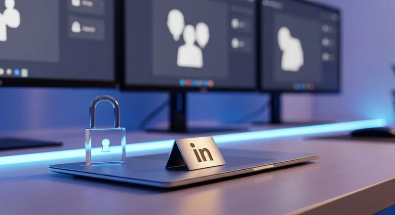 Placa metal pulido con logo in junto al portátil LinkedIn