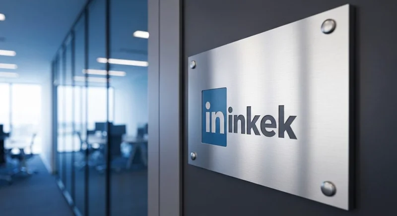 Placa metal pulido con logo LinkedIn grabado en puerta moderna