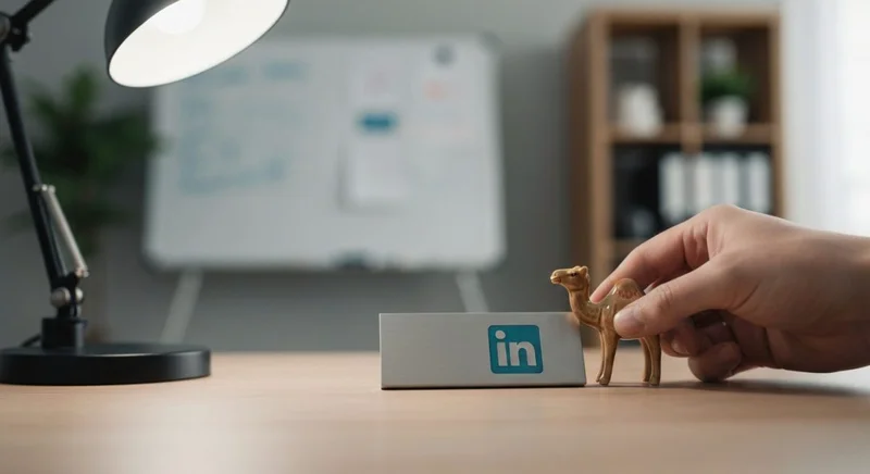 Placa minimalista de LinkedIn junto a camello ceramico en escritorio