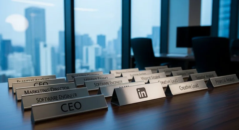 Placas de metal elegantes en escritorio con logo de LinkedIn