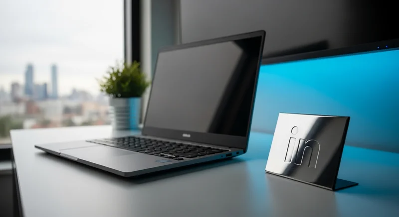 Portátil Windows en escritorio minimalista junto a placa metálica LinkedIn