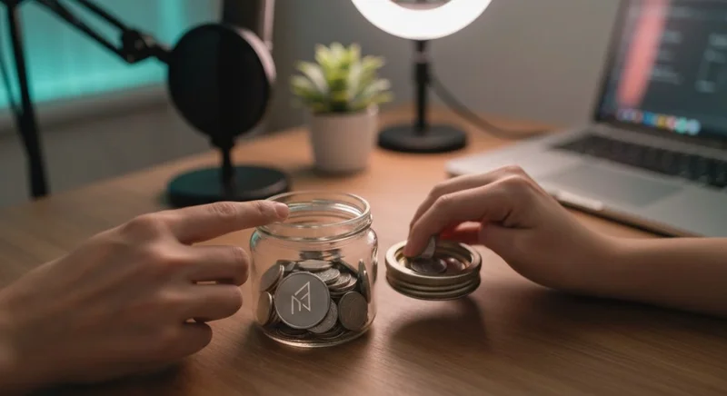 Primer plano de manos contando monedas en frasco con logo