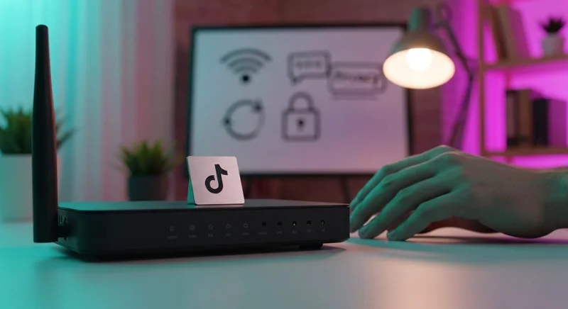 Primer plano de router con placa TikTok grabada y manos