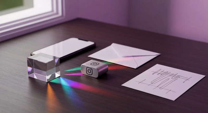 Prisma de vidrio ilumina smartphone sobre blanco llave Instagram y papel