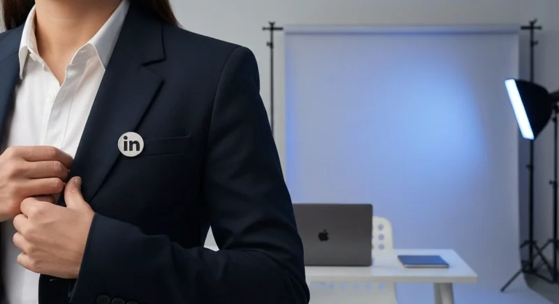 Profesional ajustando blazer retrato LinkedIn en estudio minimalista con pin