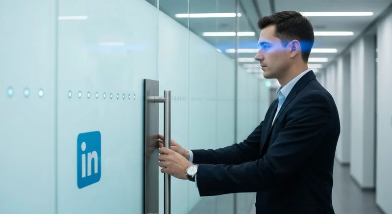 Profesional alcanza puerta de vidrio en pasillo con logo LinkedIn