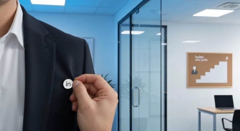 Profesional blazer oscuro coloca pin con logo LinkedIn en solapa