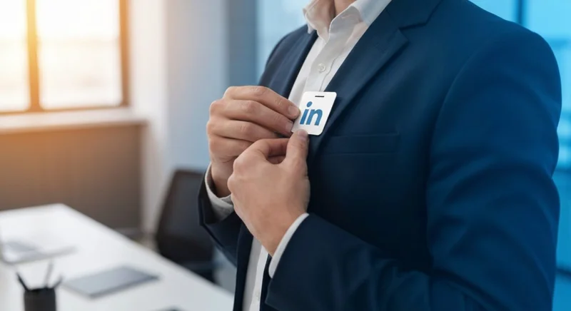 Profesional colocando una insignia con logo de LinkedIn en blazer