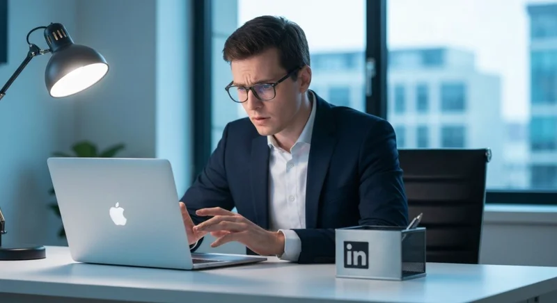 Profesional con gafas manos sobre portátil en escritorio minimalista LinkedIn