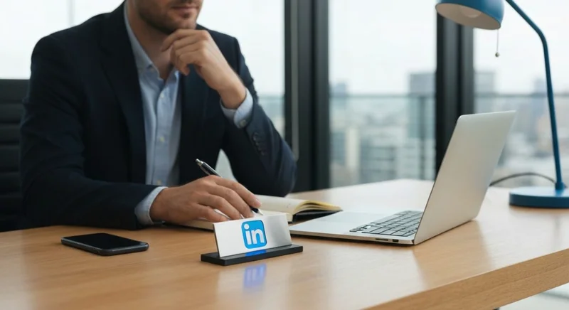 Profesional con manos sobre la barbilla y placa LinkedIn visible
