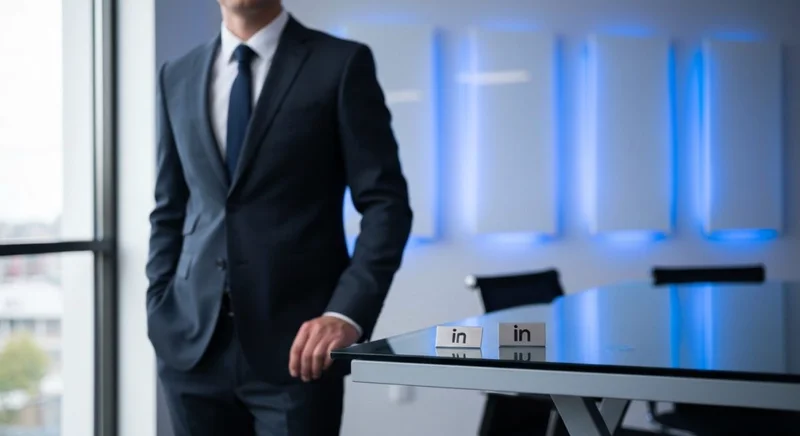 Profesional con traje junto a escritorio de vidrio coworking LinkedIn